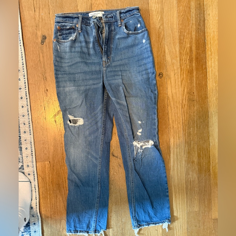 Abercrombie & Fitch Blue Straight Leg Jeans with Distressed Details